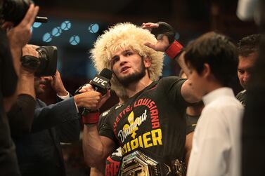 MMA - UFC 242 - Khabib Nurmagomedov v Dustin Poirier - Men's UFC Lightweight title - Yas Island, Abu Dhabi, United Arab Emirates - September 7, 2019 Khabib Nurmagomedov speaks to the media after winning his match against Dustin Poirier REUTERS/Christopher Pike