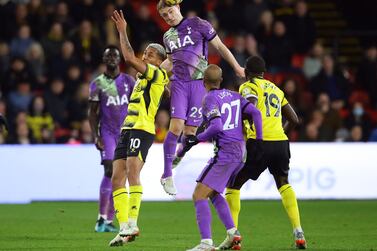 Soccer Football - Premier League - Watford v Tottenham Hotspur - Vicarage Road, Watford, Britain - January 1, 2022 Watford's Joao Pedro in action with Tottenham Hotspur's Oliver Skipp REUTERS/David Klein EDITORIAL USE ONLY.  No use with unauthorized audio, video, data, fixture lists, club/league logos or 'live' services.  Online in-match use limited to 75 images, no video emulation.  No use in betting, games or single club /league/player publications.   Please contact your account representative for further details. 