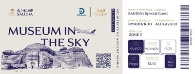The boarding pass for Saudia's Museum in the Sky flight