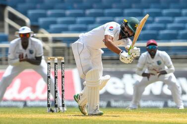 Fawad Alam of Pakistan hits 4 during day 3 of the 2nd Test between West Indies and Pakistan at Sabina Park, Kingston, Jamaica, on August 22, 2021.  (Photo by Randy Brooks  /  AFP)