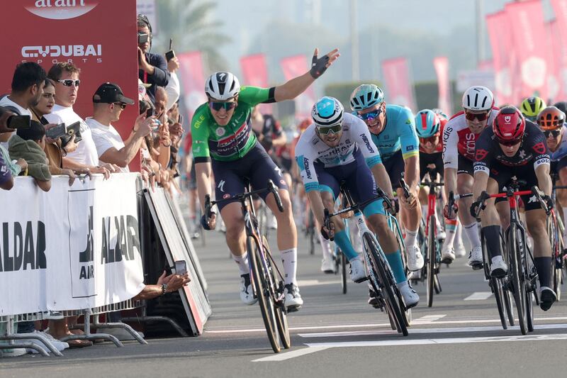 Soudal Quick–Step's Tim Merlier wins Stage 6 of the UAE Tour in Abu Dhabi ahead of Arvid De Kleijn of Tudor Pro Cycling Team and Phil Bauhaus of Bahrain Victorious. AFP