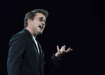Actor Robert Downey Jr. addresses the audience during the Amazon Re:MARS conference on robotics and artificial intelligence at the Aria Hotel in Las Vegas, Nevada on June 4, 2019.      / AFP / Mark RALSTON
