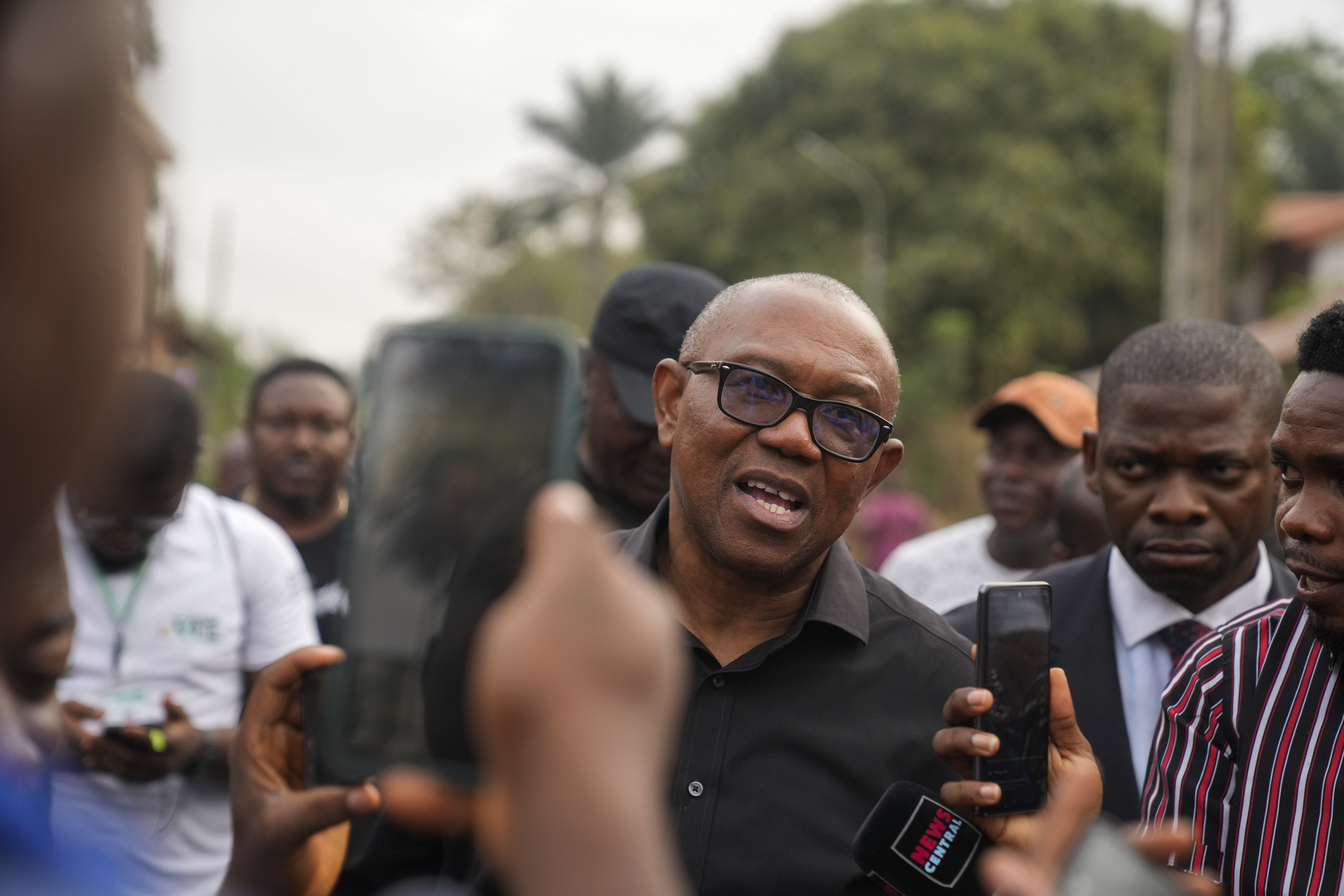 Nigeria's Labour party candidate Peter Obi speaks to journalists before casting his vote. AP Photo 