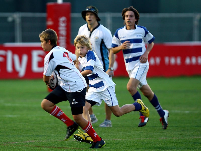 Dubai, United Arab Emirates-March, 23, 2013; Dubai College and JESS U-14  teams in action during the  UAE Schools Rugby Finals at the Sevens Grounds  in Dubai .  (  Satish Kumar / The National ) For Sports