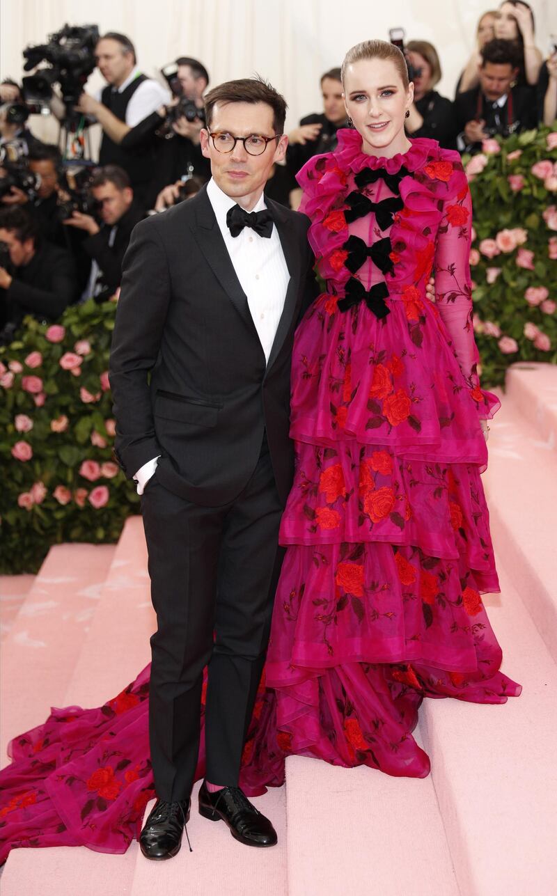 Actress Rachel Brosnahan and designer Erdem Moralioglu arrive at the 2019 Met Gala in New York on May 6. EPA