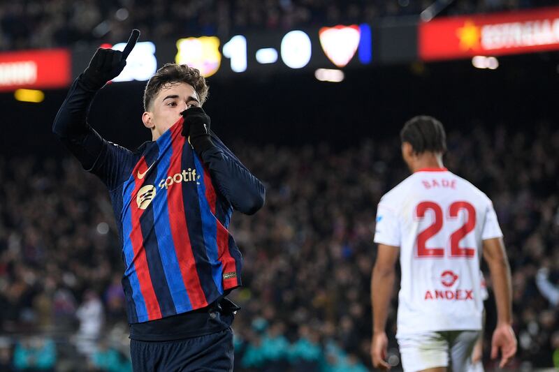 Gavi celebrates after scoring Barcelona's second goal against Sevilla. AFP