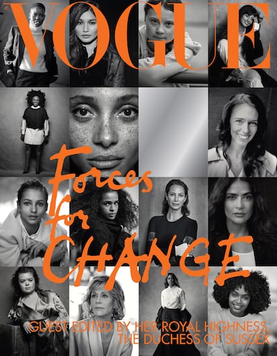 This undated handout photo received in London, issued on July 28, 2019 by Kensington Palace shows the cover of British Vogue's September issue, entitled "Forces for Change", showing photographs by Peter Lindbergh, which is guest edited by Britain's Meghan, Duchess of Sussex. - Prince Harry's wife Meghan will guest edit the September issue of iconic fashion magazine British Vogue, which will see her in "candid conversation" with former first lady Michelle Obama. (Photo by Peter Lindbergh / KENSINGTON PALACE / AFP) / XGTY / RESTRICTED TO EDITORIAL USE - MANDATORY CREDIT "AFP PHOTO / KENSINGTON PALACE / PETER LINDBERGH" - NO MARKETING NO ADVERTISING CAMPAIGNS - NO COMMERCIAL USE - NO THIRD PARTY SALES - RESTRICTED TO SUBSCRIPTION USE - NO CROPPING OR MODIFICATION - DISTRIBUTED AS A SERVICE TO CLIENTS - Publications are asked to credit the photographs to: Peter Lindbergh / 