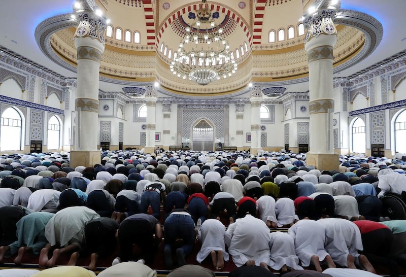Dubai, United Arab Emirates - May 10, 2019: Friday prayers take place at Al Farooq Omar Bin Al Khattab Mosque during Ramadan. Friday the 10th of May 2019. Al Safa, Dubai. Chris Whiteoak / The National