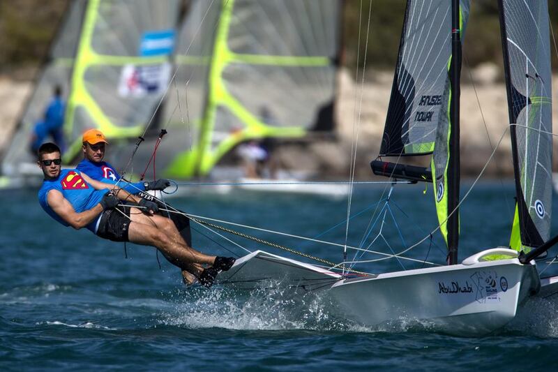 Tomas Januszewski and Jacek Nowak of Poland compete in the men’s skiff 49er during the ISAF Sailing World Cup Finals at the Breakwater in Abu Dhabi on November 27, 2014. Christopher Pike / The National