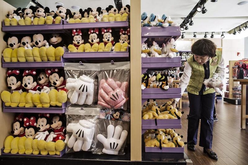 Mickey Mouse and Minnie Mouse plush toys for sale in a gift shop at the Toy Story Hotel at Walt Disney's Shanghai Disney Resort. With the new U$5.5 billion resort, Disney will have six resorts globally. Bloomberg/Oilai Shen