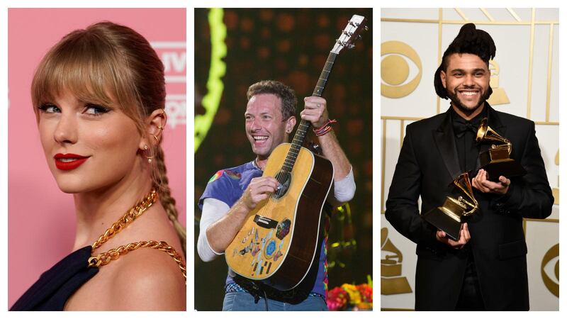 From left: Taylor Swift, Chris Martin of Coldplay and The Weeknd. Swift is nominated, while the other two will perform at the Brit Awards 2021. Reuters, Getty Images, AP