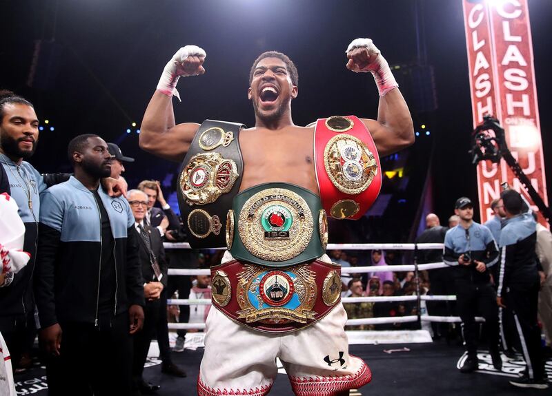 File photo dated 07-12-2019 of Anthony Joshua after reclaiming the IBF, WBA, WBO & IBO World Heavyweight Championship belts from Andy Ruiz (not pictured) at the Diriyah Arena, Diriyah, Saudi Arabia. PA Photo. Issue date: Thursday December 12, 2019. Anthony Joshua won his world heavyweight title rematch against Andy Ruiz Jr by unanimous decision in Saudi Arabia. See PA story SPORT Christmas December. Photo credit should read Nick Potts/PA Wire.