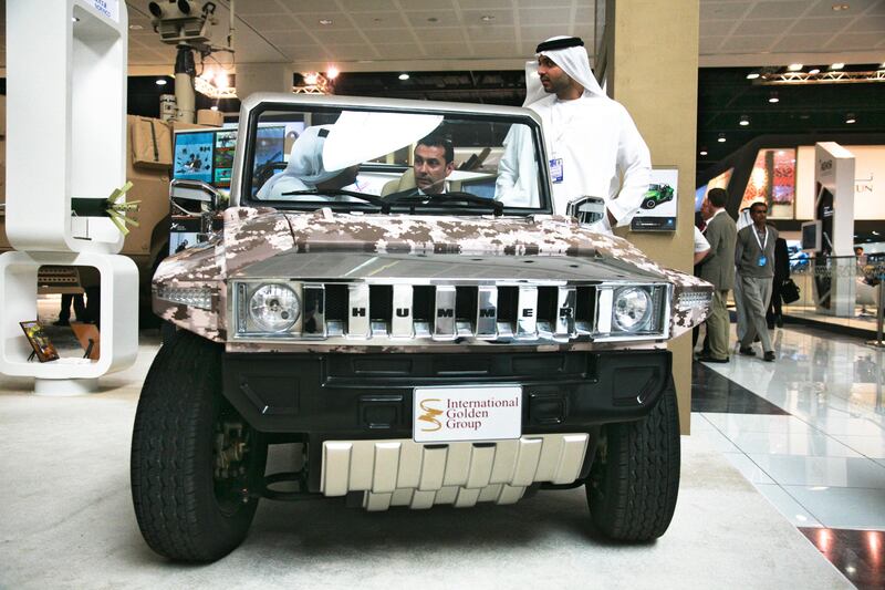 Abu Dhabi, UAE, February 19, 2013:

IDEX continued today with scores of people descending upon ADNEC to look at, sell, and buy various products that deal with defense and combat operations.

Seen here is a Hummer HXT Limo car. It is being sold by Corsica Cars UAE.
Lee Hoagland/The National