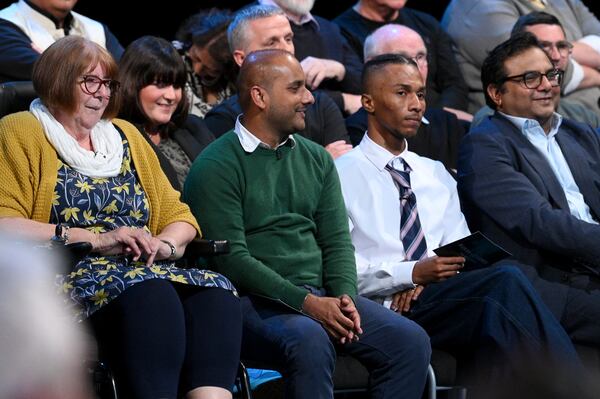 Audience member Omair (second left)  from Manchester asks a question about foreign affairs during the first head-to-head debate of the General Election. ITV