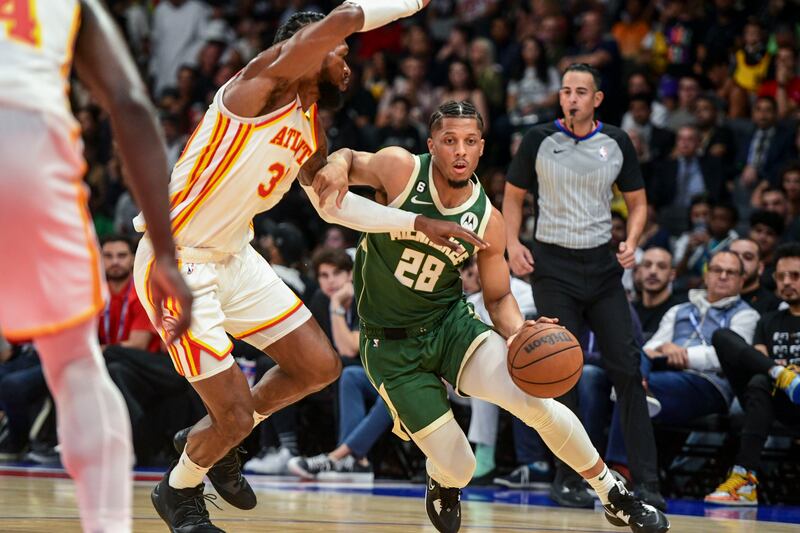 Lindell Wigginton of Milwaukee Bucks during the NBA game in Etihad Arena, Yas Island. Khushnum Bhandari / The National