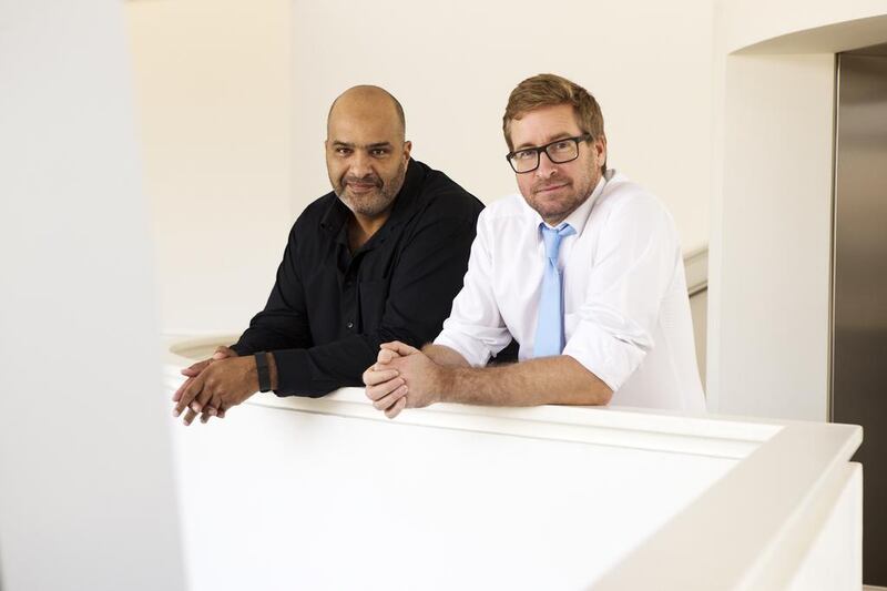 Justin Thomas, left, and Ian Grey, associate professors of psychology at Zayed University in Abu Dhabi, are measuring happiness by emirate based on data gathered from social media. The research is part of a larger culture and cognition project. Christopher Pike / The National