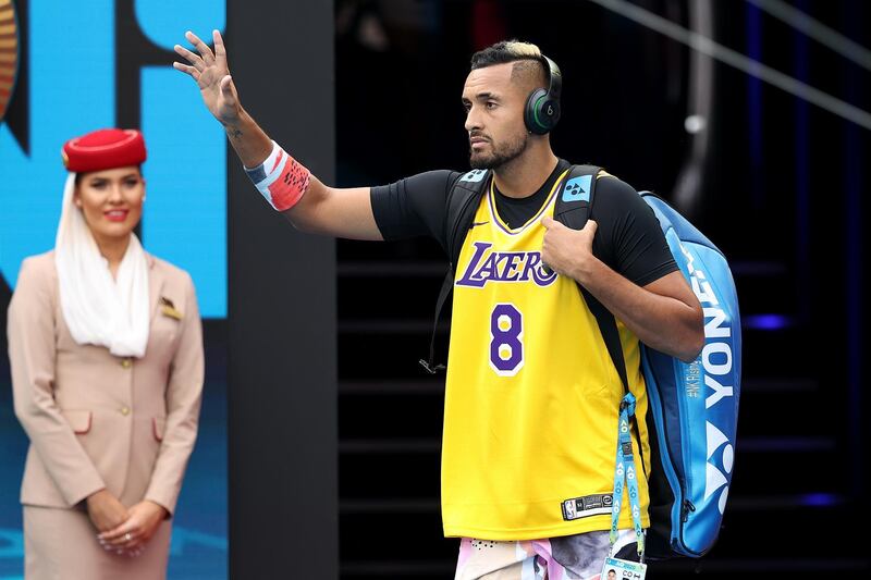 Nick Kyrgios of Australia walks onto Rod Laver Arena wearing a number 8 Kobe Bryant Jersey ahead of his Men's Singles fourth round match against Rafael Nadal of Spain on day eight of the 2020 Australian Open at Melbourne Park. Getty Images