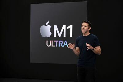 Apple's senior vice president of hardware engineering John Ternus introduces the M1 Ultra. EPA