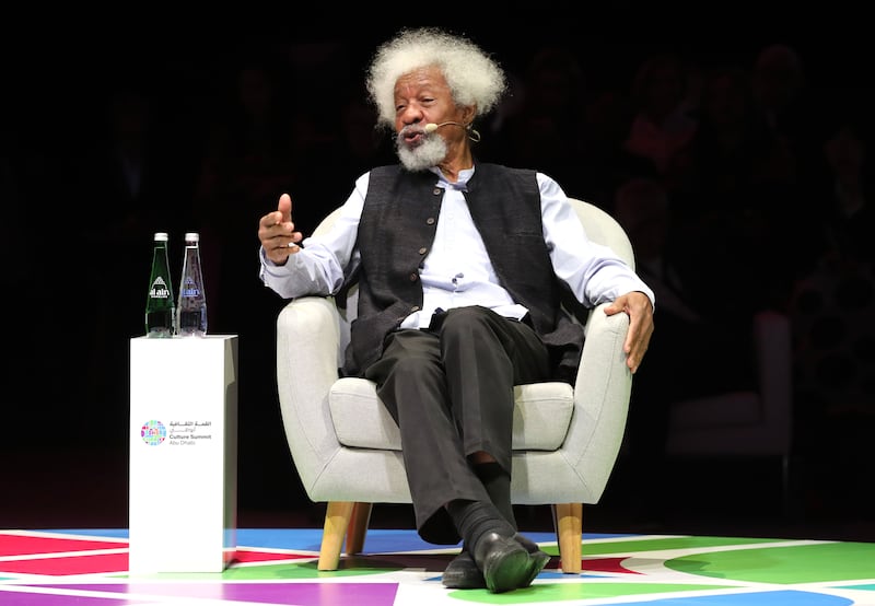 Nigerian playwright Wole Soyinka, who was awarded the Nobel Prize for Literature in 1986, speaks at the event. Chris Whiteoak / The National