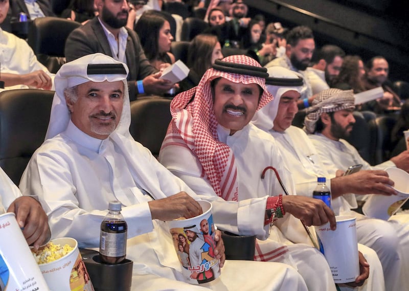 Dubai, United Arab Emirates, May 21, 2019.    Premiere of Image Nation’s latest, Rashid and Rajab.  Red carpet,  “celebs” and bigwigs. --  (L-R)  H.E. Saeed Mohammed Hareb and Emirati singer, Abdullah Bilkhair at the movie premiere, Rashid and Rajab.  
Victor Besa/The National
Section:  A&L
Reporter:  Chris Newbould