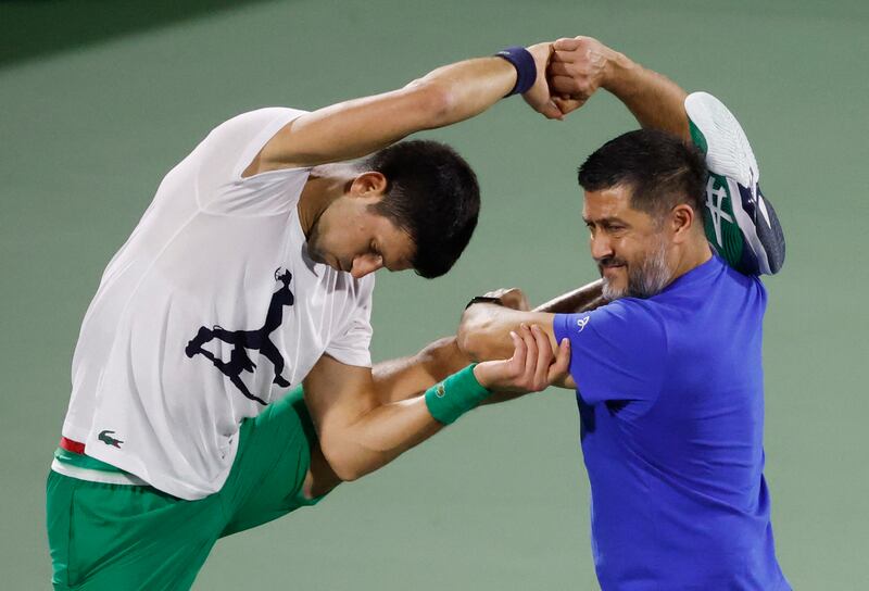Novak Djokovic during practice ahead of the Dubai Duty Free Tennis Championships on Sunday, February 20, 2022. Reuters