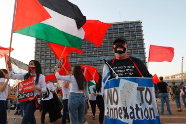 Protesters gather in Rabin Square, Tel Aviv, to denounce Israel’s plan to annex parts of the occupied West Bank. AFP