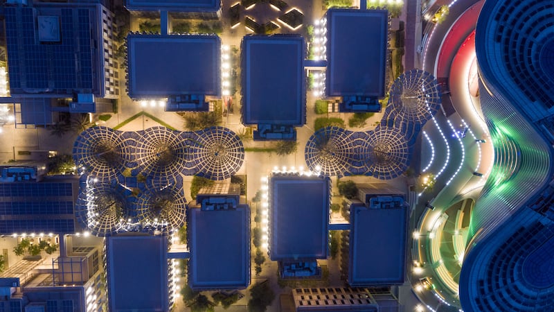 Aerial view of Alif – The Mobility Pavilion. The site includes an amphitheatre, a second stage and a plaza, which will feature performances related to the theme of mobility, as well as events, symposia and demonstrations throughout the six-month world fair. Expo 2020 Dubai runs from October 1, 2021 to March 31, 2022.