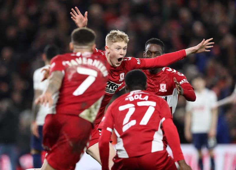 Middlesbrough's Josh Coburn celebrates scoring the winner against Tottenham in the FA Cup.  Reuters