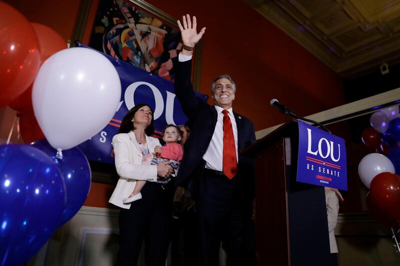 U.S. Rep. Lou Barletta, R-Pa., Republican primary candidate for U.S. Senate, waves to supporters after speaking during an election night results party, Tuesday, May 15, 2018, in Hazleton, Pa. Barletta, a staunch supporter of President Donald Trump who first got national notice as a small-city mayor for his attempted crackdown on illegal immigration, on Tuesday won the Republican nomination for U.S. Senate in Pennsylvania. (AP Photo/Matt Slocum)