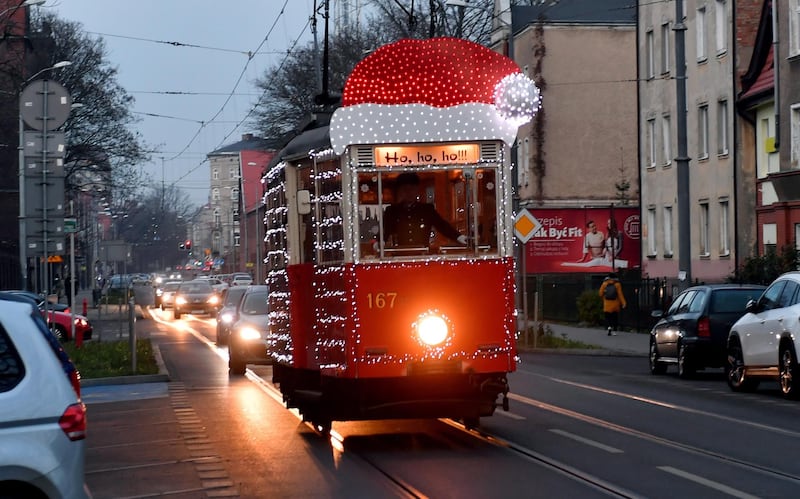 The Christmas tram left for the last time this year on the streets of Szczecin, Poland.  EPA