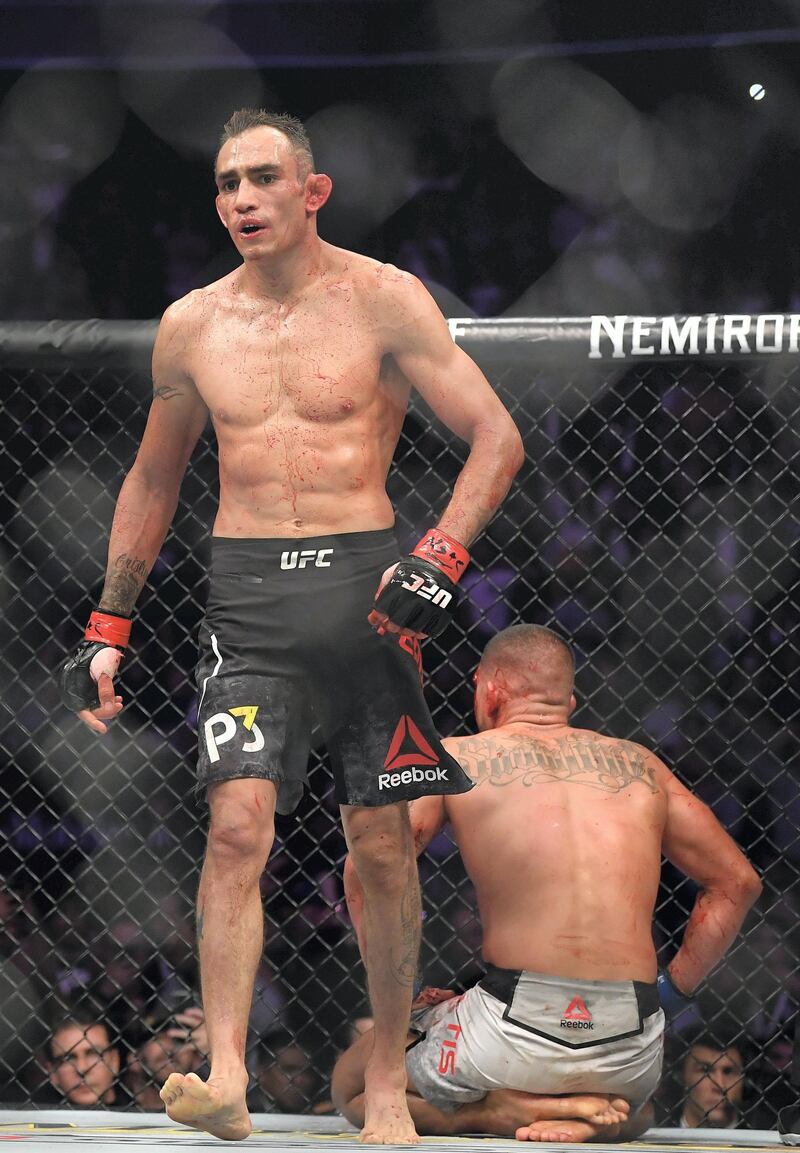 LAS VEGAS, NV - OCTOBER 06: Tony Ferguson walks away from Anthony Pettis in their lightweight bout during the UFC 229 event inside T-Mobile Arena on October 6, 2018 in Las Vegas, Nevada.   Harry How/Getty Images/AFP