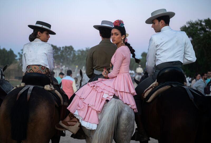 Pilgrims ride their horses on their way to the shrine of El Rocio in Villamanrique, Spain, during the annual pilgrimage.  AP