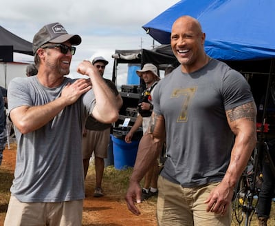 (from left) Director David Leitch and Dwayne Johnson on the set of "Fast & Furious Presents: Hobbs & Shaw." Courtesy Universal Pictures