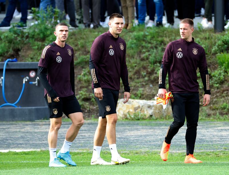 Germany's Robin Gosens, Niklas Sule and Marc-Andre ter Stegen during training. Reuters