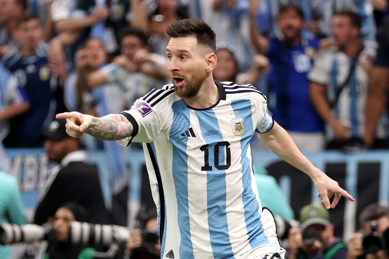 Lionel Messi celebrates scoring Argentina's third goal. Getty