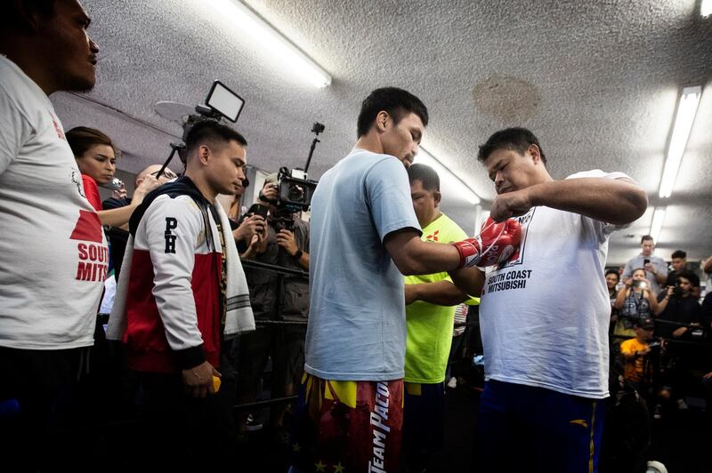 Filipino Senator and professional boxer Manny Pacquiao (C) trains at the Wild Card Boxing gym in Los Angeles, California, USA. Pacquiao will fight Keith Thurman on 20 July in Las Vegas.  EPA