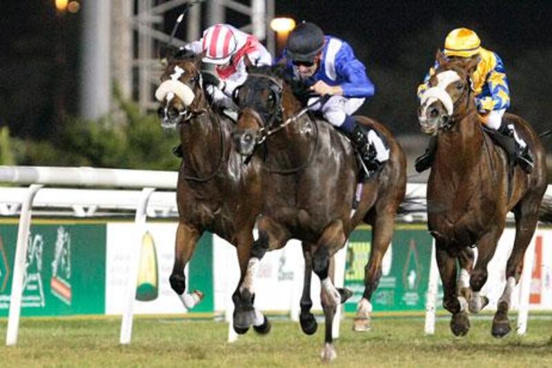 Alazeyab, with Dane O'Neill aboard, broke from the middle of the pack and found a gap along the rail to win the HH The President's Cup race at the Abu Dhabi Equestrian Club.