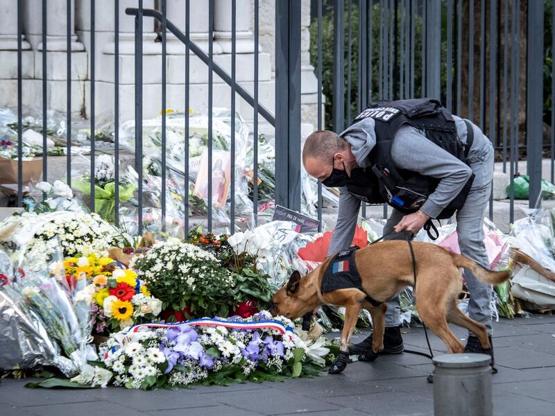 NICE, FRANCE - NOVEMBER 01: A police officer with a sniffer dog checks flowers in front of Notre Dame basilica, before a mass to pay tribute to the victims on November 01, 2020 in Nice, France. A 21-year-old Tunisian man is accused of fatally stabbing three people in the church on Thursday, in what French President Emmanuel Macron described as an "Islamist terrorist attack." The attacker was shot and wounded by police and is reported to be in critical condition. (Photo by Arnold Jerocki/Getty Images)