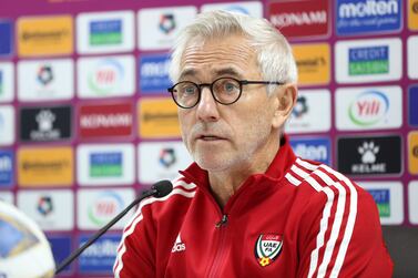 UAE manger Bert van Marwijk speaks to the media before the UAE's world cup qualifying match against Iran on Thursday, Dubai. Chris Whiteoak / The National