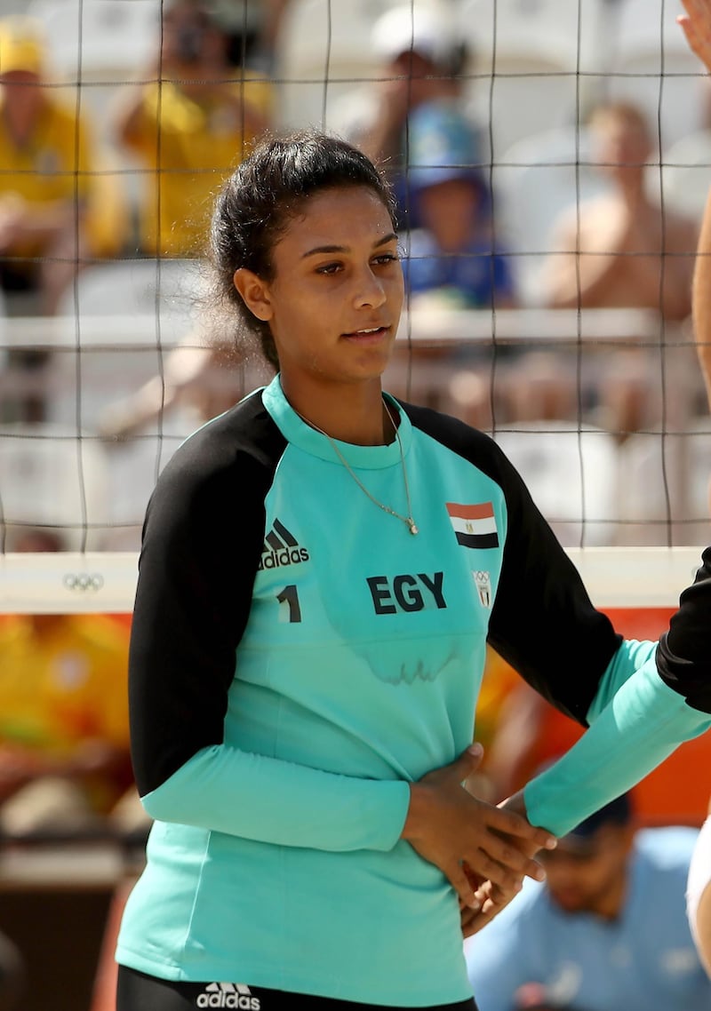 RIO DE JANEIRO, BRAZIL - AUGUST 09:  Nada Meawad (L) and Doaa Elghobashy of Egypt looks on during the Women's Beach Volleyball Preliminary Pool A match against Marta Menegatti and Laura Giombini of Italy on Day 4 of the Rio 2016 Olympic Games at the Beach Volleyball Arena on August 9, 2016 in Rio de Janeiro, Brazil.  (Photo by Ezra Shaw/Getty Images)