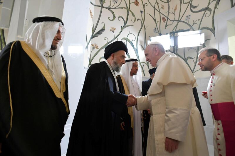 Pope Francis arrives for a meeting with the Muslim Council of Elders at the Sheikh Zayed Grand Mosque in Abu Dhabi. Reuters