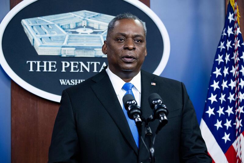 (FILES) In this file photo US Secretary of Defense Lloyd Austin speaks during a visit by US President Joe Biden to the Pentagon in Washington, DC, February 10, 2021. US Defense Secretary Lloyd Austin  will this week reaffirm Washington's commitment to NATO and reassure allies they will be consulted on important decisions, hoping to turn the page on four years of withering criticism from former president Donald Trump. NATO defense ministers are meeting virtually February 17 and February 18, 2021, and the new Pentagon chief will send "a supportive message ... about how relevant NATO is," his spokesman John Kirby said. / AFP / SAUL LOEB
