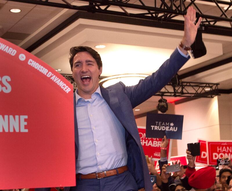 Liberal Leader Justin Trudeau wears a protective vest under his shirt as he arrives at a rally in Mississauga, Ontario, Saturday, Oct. 12, 2019. The rally was delayed for 90 minutes due to a security issue. (Frank Gunn/The Canadian Press via AP)