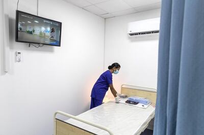 ABU DHABI, UNITED ARAB EMIRATES. 13 MAY 2020. Look at one of the Sheikh Mohammed Bin Zayed Al Nahyan Field Hospital openened in Al Wathba. A nurse in the general ward area. (Photo: Antonie Robertson/The National) Journalist: Haneen Dajanai. Section: National.