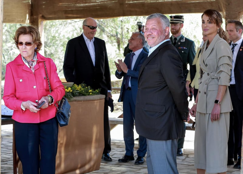 Queen Sonja of Norway, King Harald V of Norway, King Abdullah II of Jordan, and Queen Rania of Jordan, arrive at the baptism site of al-Maghtas, where Jesus is believed by Christians to have been baptised by John the Baptist, on the Jordan river.   AFP