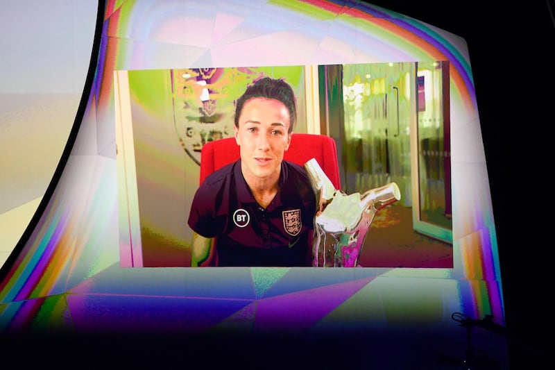 England's Lucy Bronze of England delivers a video message as she has been awarded the Women Player of The Year.