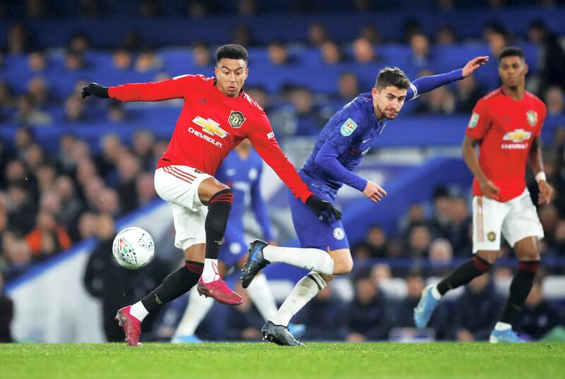 Soccer Football - Carabao Cup - Fourth Round - Chelsea v Manchester United - Stamford Bridge, London, Britain - October 30, 2019  Manchester United's Jesse Lingard in action with Chelsea's Jorginho   REUTERS/Eddie Keogh  EDITORIAL USE ONLY. No use with unauthorized audio, video, data, fixture lists, club/league logos or "live" services. Online in-match use limited to 75 images, no video emulation. No use in betting, games or single club/league/player publications.  Please contact your account representative for further details.