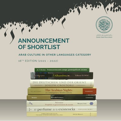 The shortlist for the Sheikh Zayed Book Award 2022's Arab Culture in Other Languages category. Photo: Sheikh Zayed Book Award
