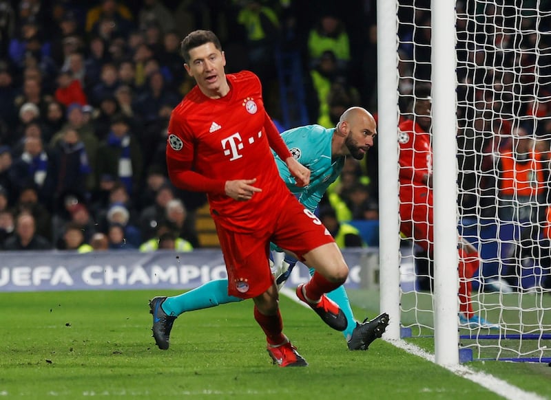 FILE PHOTO: Soccer Football - Champions League - Round of 16 First Leg - Chelsea v Bayern Munich - Stamford Bridge, London, Britain - February 25, 2020  Bayern Munich's Robert Lewandowski celebrates scoring their third goal   REUTERS/Eddie Keogh/File Photo