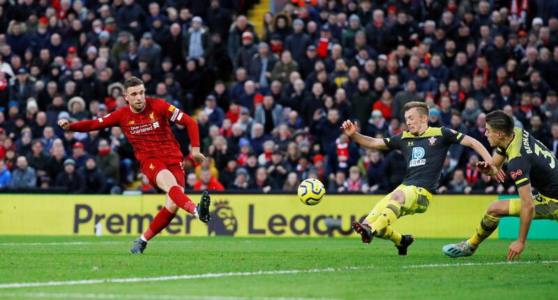 Liverpool's Jordan Henderson scores his team's second goal at Anfield on Saturday. Reuters